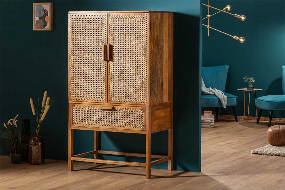 Massives Highboard BAMBOO LOUNGE 140cm Mangoholz Bambus mit Wiener Geflecht