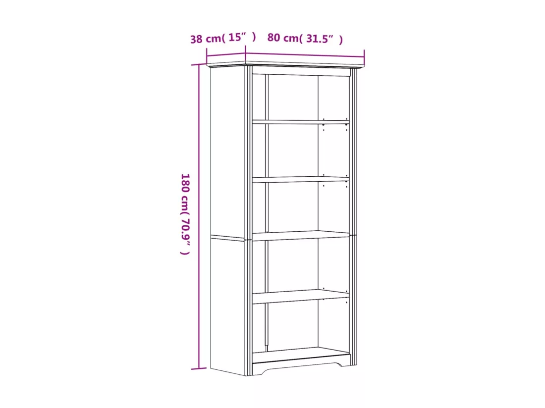 Bibliothèque BODO marron 80x38x180 cm bois pin massif 5 niveaux