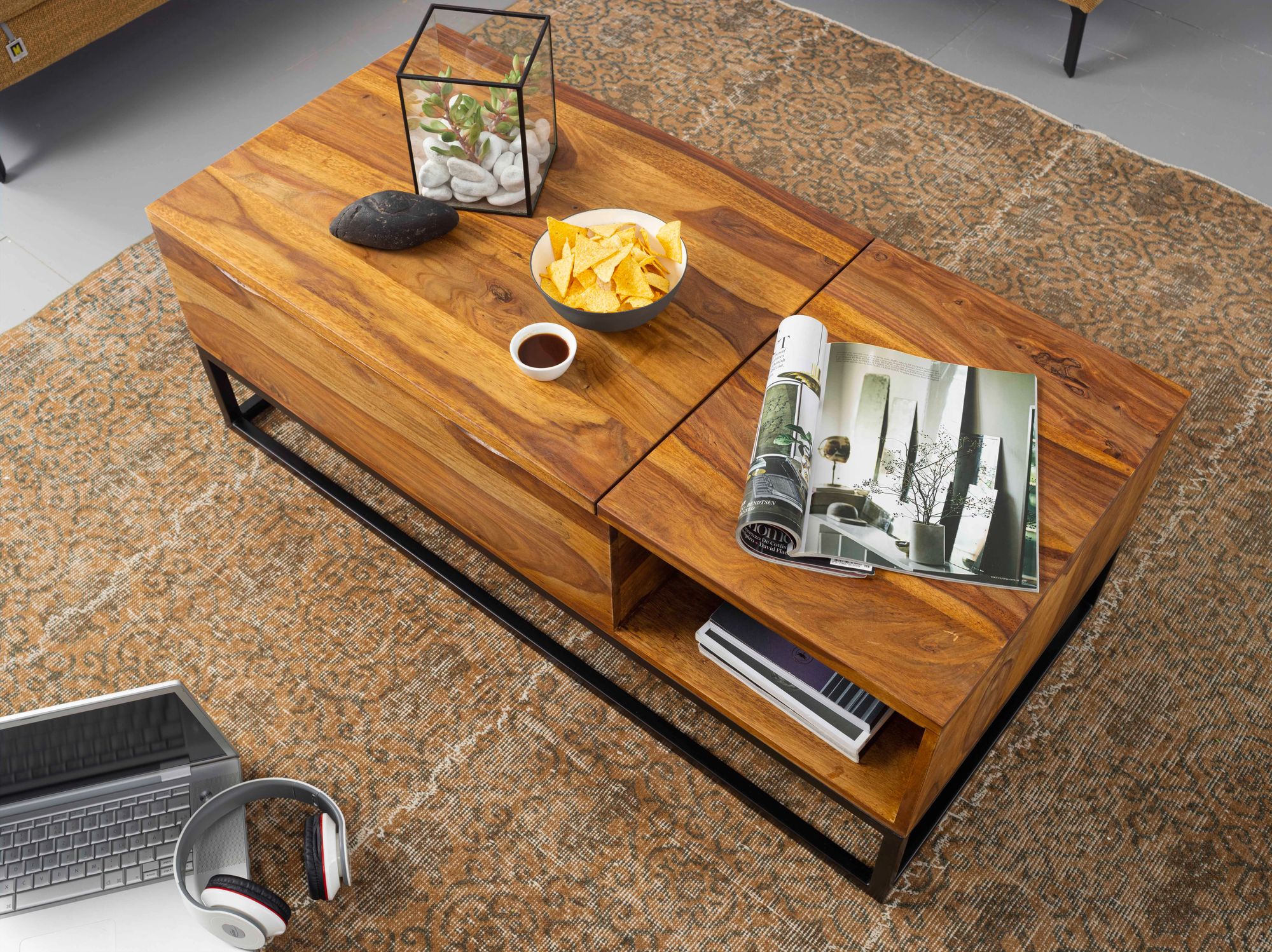 FineBuy Couchtisch 110 x 50cm Tisch Wohnzimmertisch Braun Holz Sofatisch Massiv