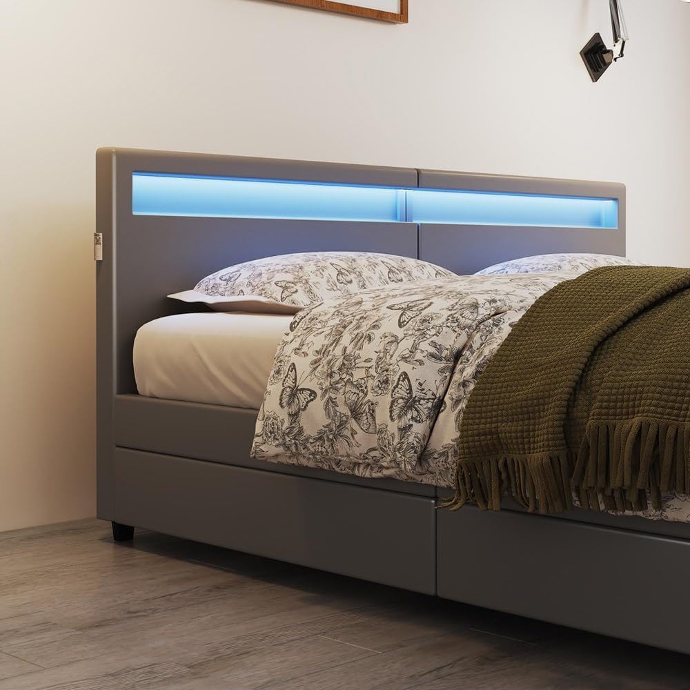 Home Deluxe - LED Bett NUBE - Dunkelgrau, 270 x 200 cm - inkl. Lattenrost und Schubladen I Polsterbett Design Bett inkl. Beleuchtung