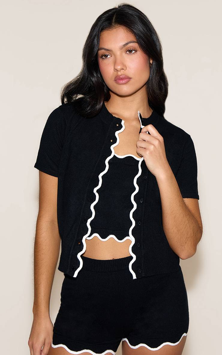 Noir Cardigan Ajusté En Maille Douce À Bordure Festonnée Contrastante