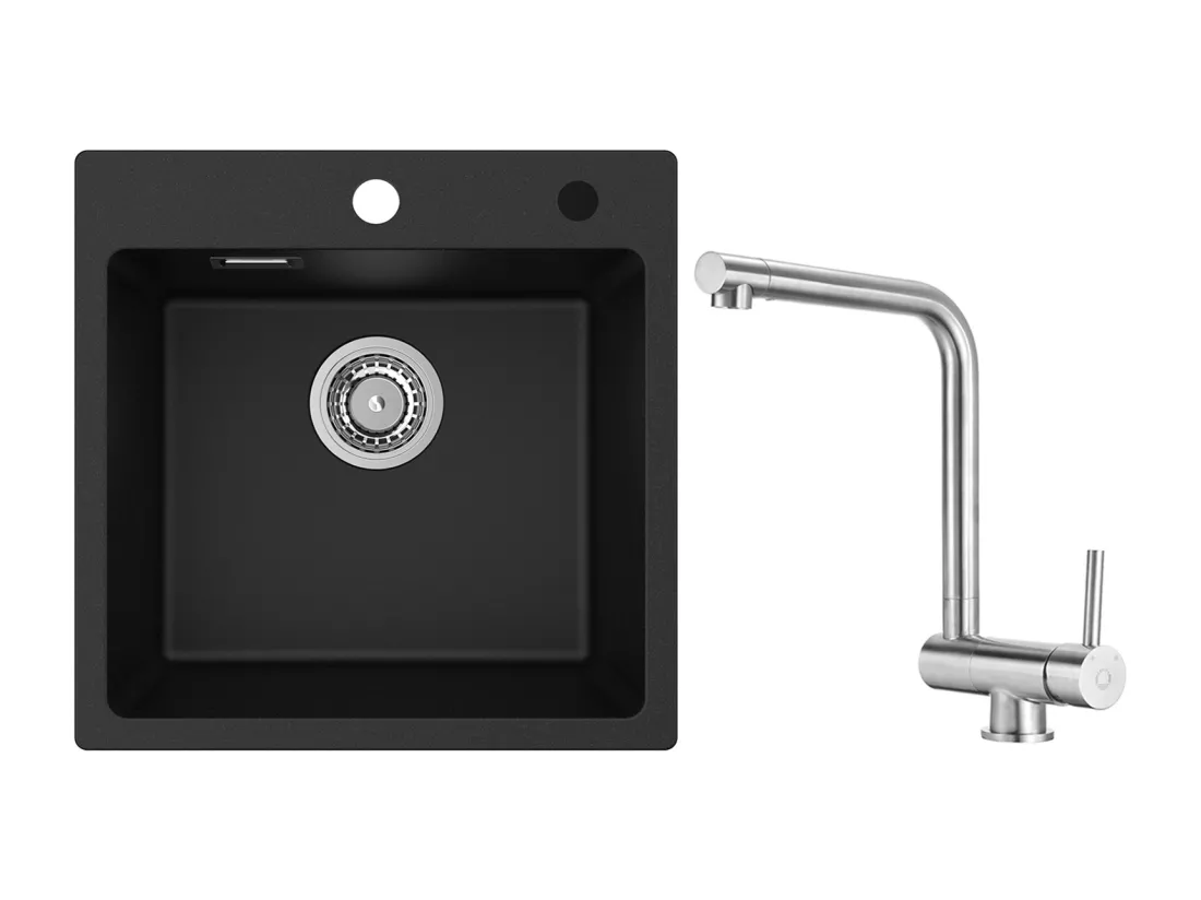 Cecipa MAX Evier 1 Bac en Quartz et Résine Noir 45x45cm Evier à Encastrer + Mitigeur de Cuisine Rabattable Brossé