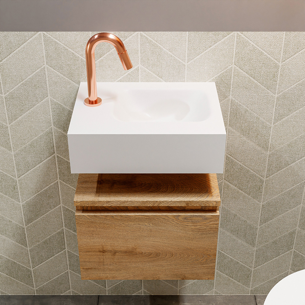 Mondiaz Andor toiletmeubel 40cm eiken met witte wastafel rechts met kraangat