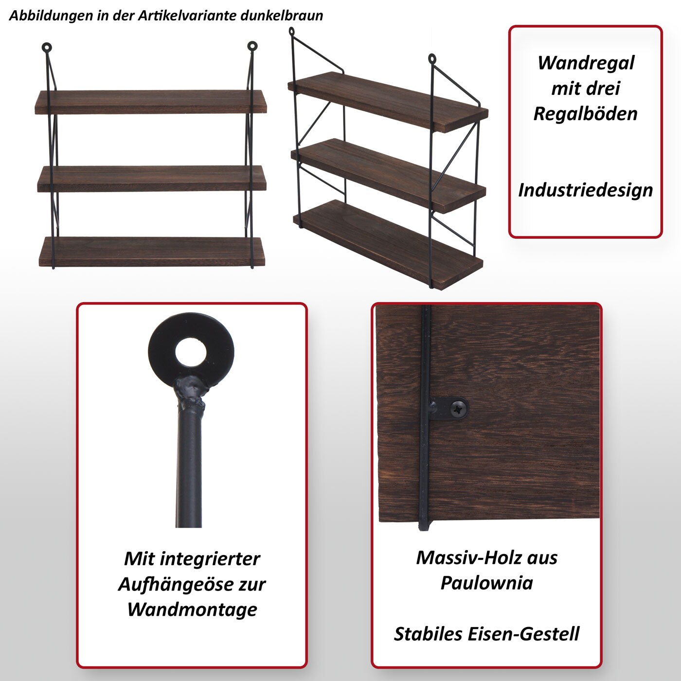 Wandregal MCW-K78, Hängeregal Schweberegal Regal, 3 Regalböden Metall Massiv-Holz Industrial 40x40x13cm ~ dunkelgrau
