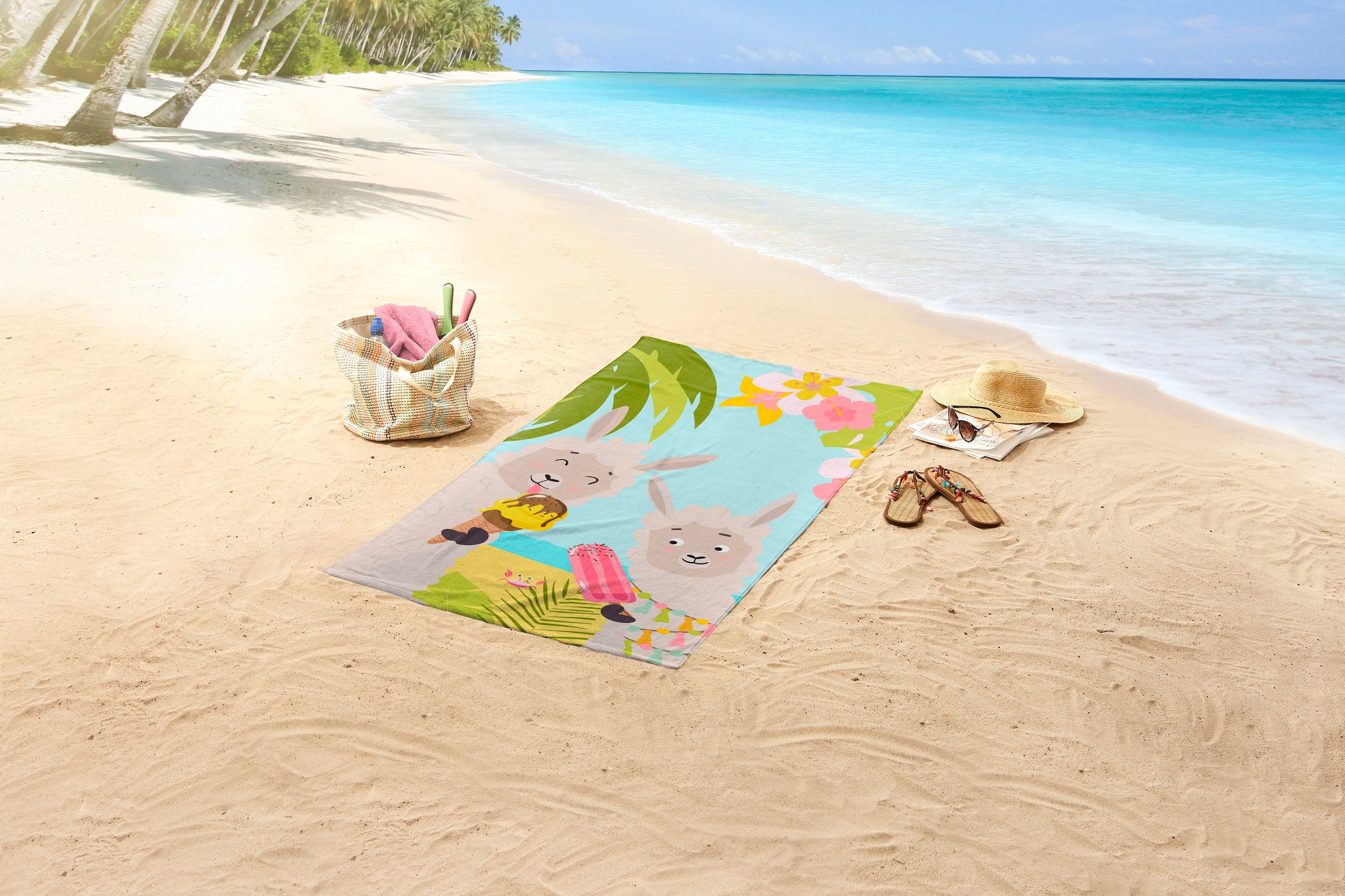 good morning Strandtuch »Happy Lamas« Mikrofaser, 75x150, Schnelltrocknend, Strand, Kind, mädchen, Lama