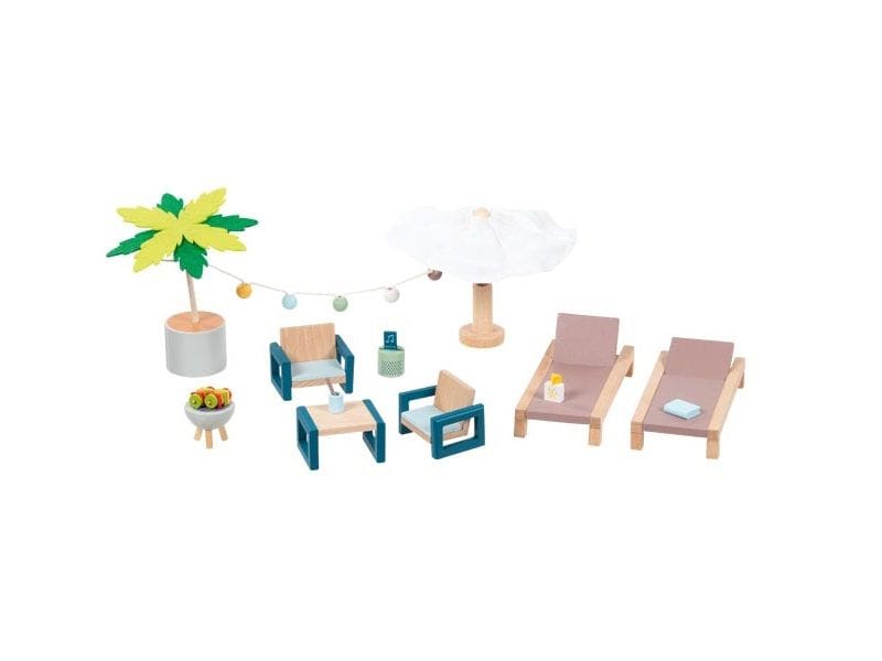 Goki Puppenhausmöbel Outdoor Möbel Set Mallorca Möbel für Puppenhaus aus Holz