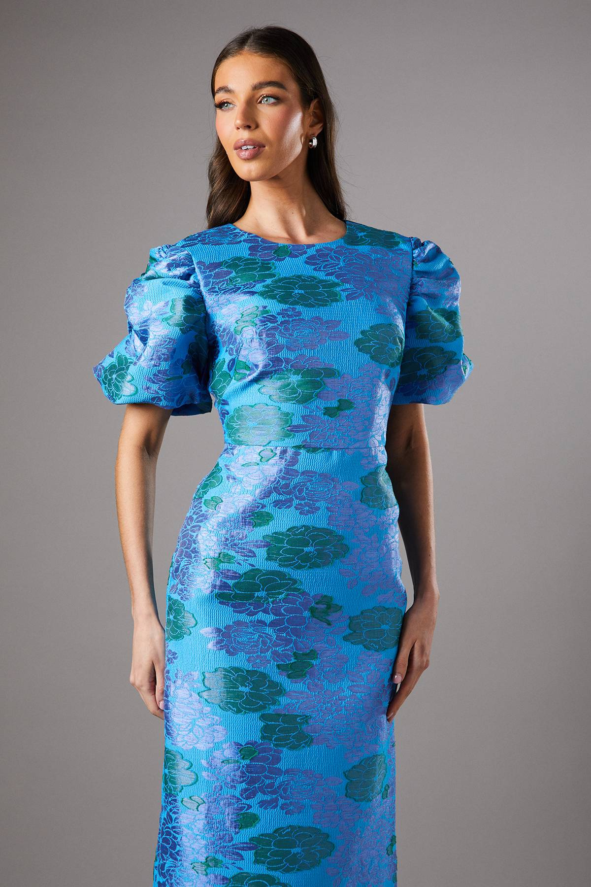 Coast Robe Mi-Longue à Manches Bouffantes Motif Floral Bleu