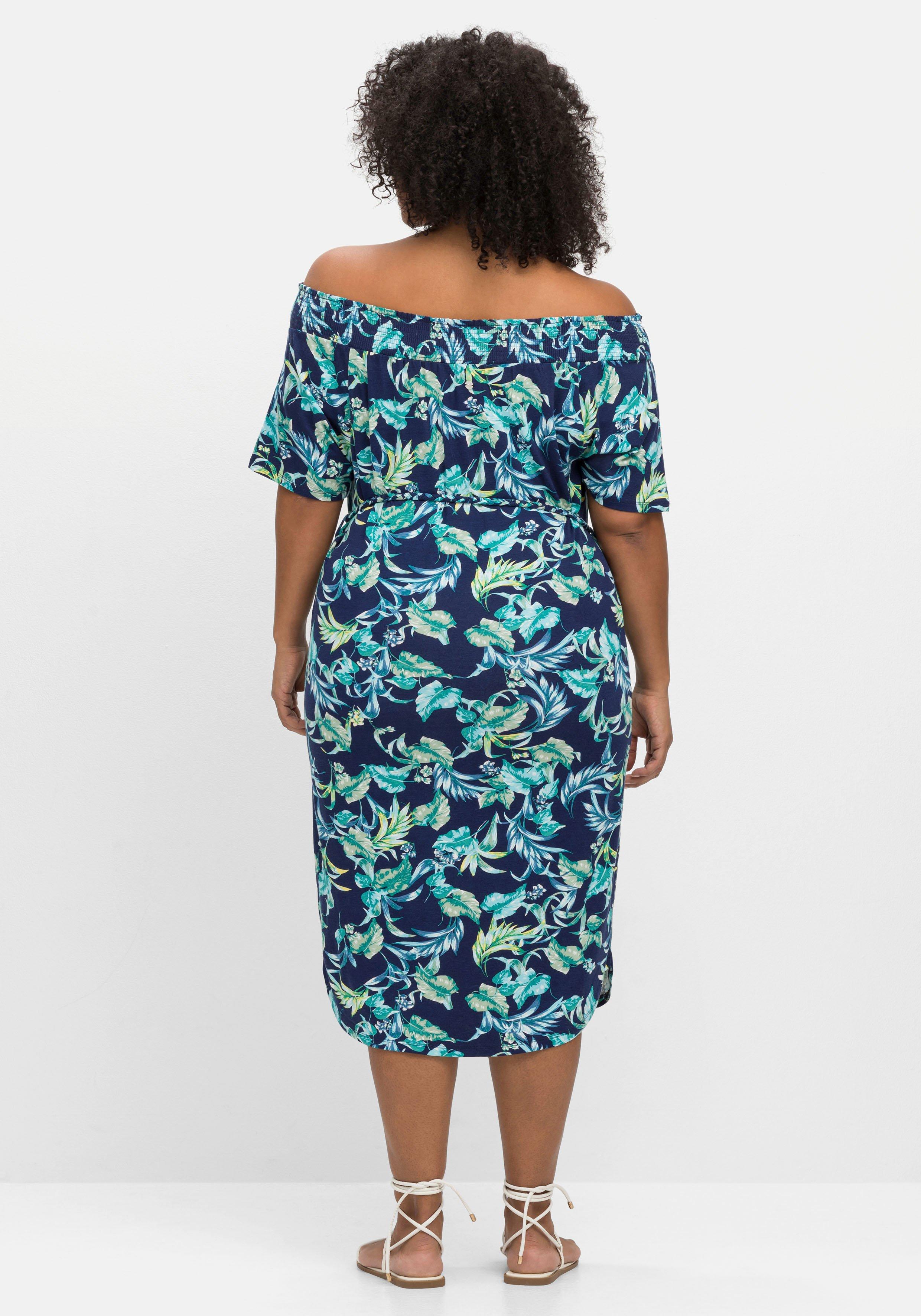 Jerseykleid mit Blätterprint und Carmenausschnitt