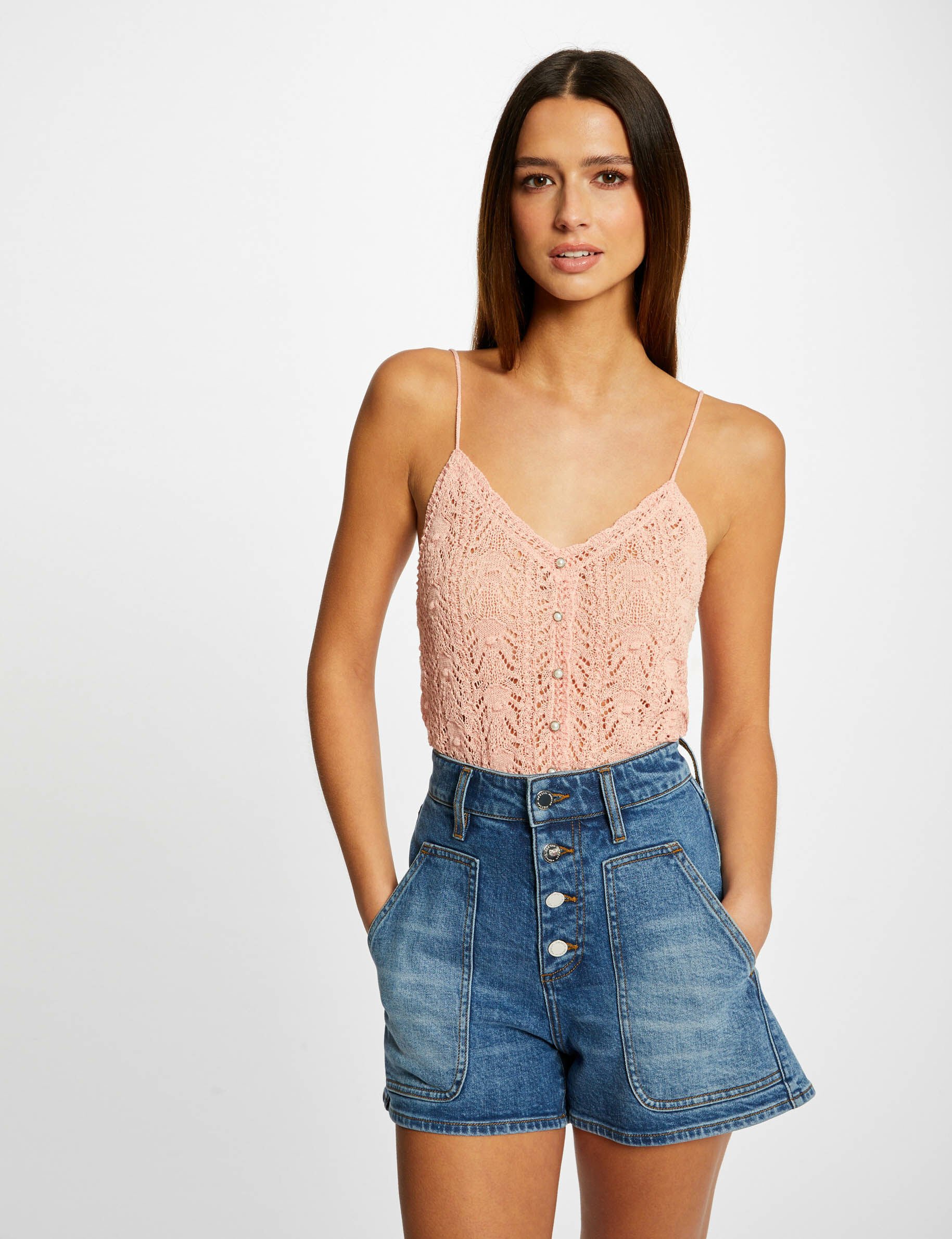 Débardeur pull avec col en V rose moyen femme - rose_moyen