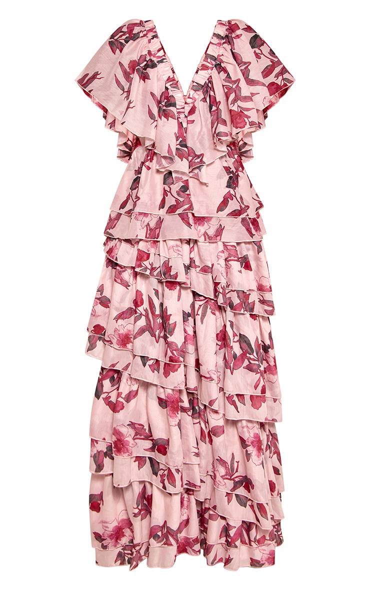 Rose Robe Maxi À Col V À Volants Extrêmes Imprimé Floral