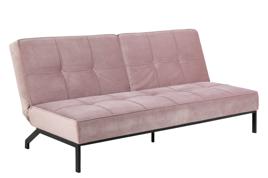 Perugia sovesofa I velurtekstil Vic rosa og sorte metallben.