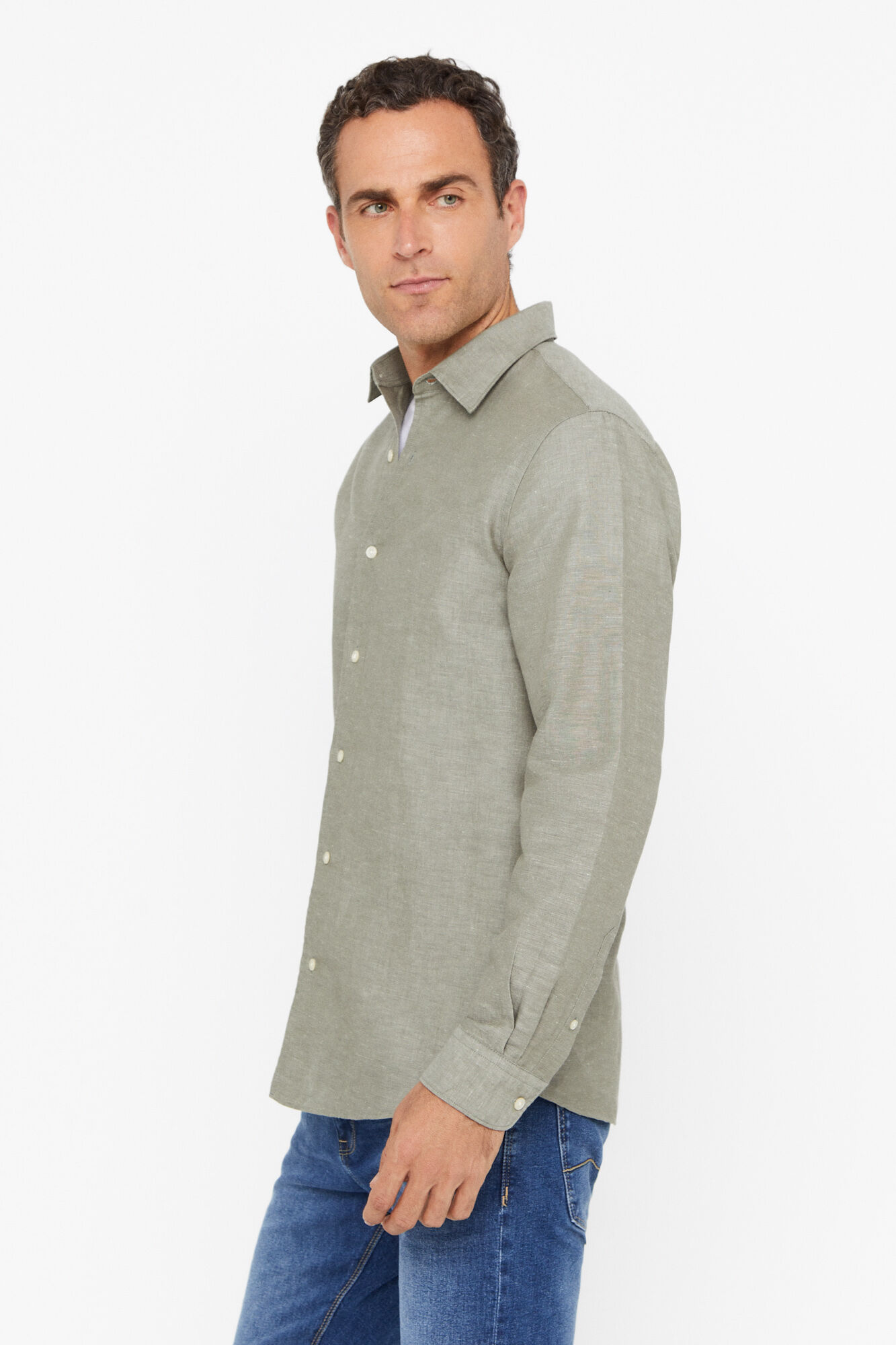 Camisa lisa de linho e algodão - Cáqui