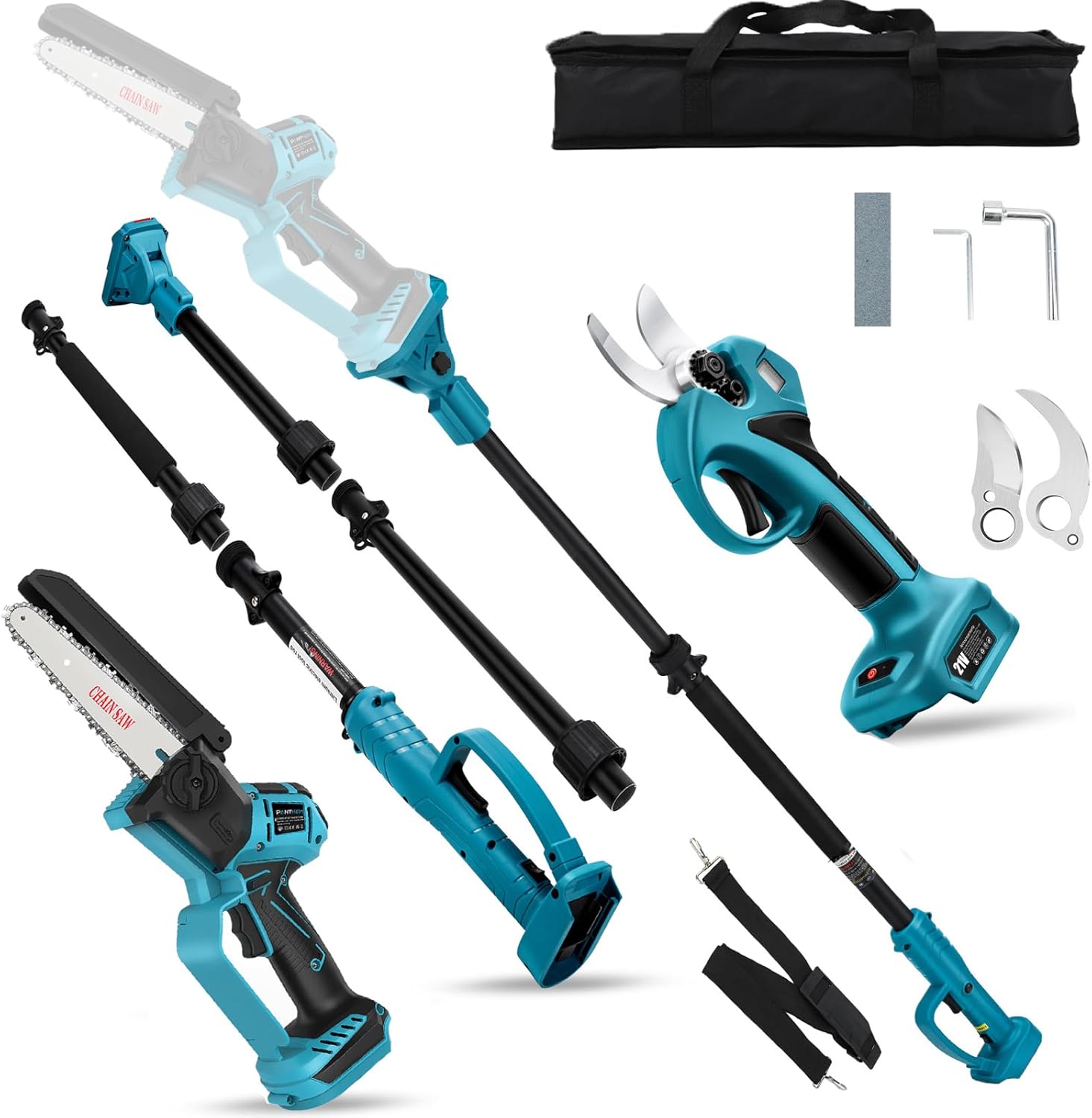 4 in 1 Akku Hochentaster 6 Zoll Mini Kettensäge baumsäge kompatibel mit Makita 18V, 45 mm Elektrische säge Gartenschere, Baumschere Astschere HandKettensäge Teleskop Astsäge (ohne Akku)