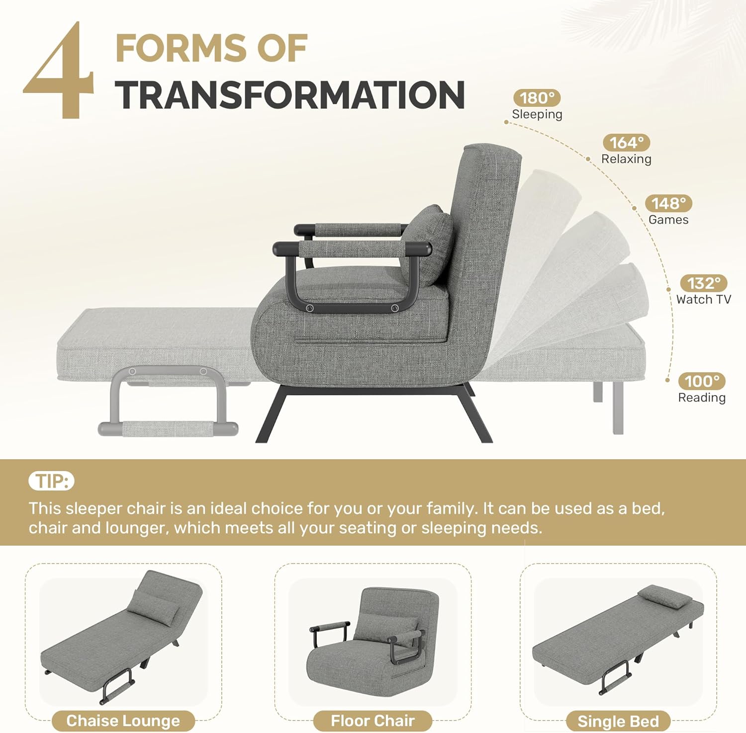 HHawthyhome 4 in 1 Schlafsessel, Schlafsofa mit Bettfunktion, Platzsparendes Gästebett, Relaxsessel mit Verstellbare Rückenlehne, 150 kg Tragkraft, Metallrahmen & Leinen Dunkelgrau