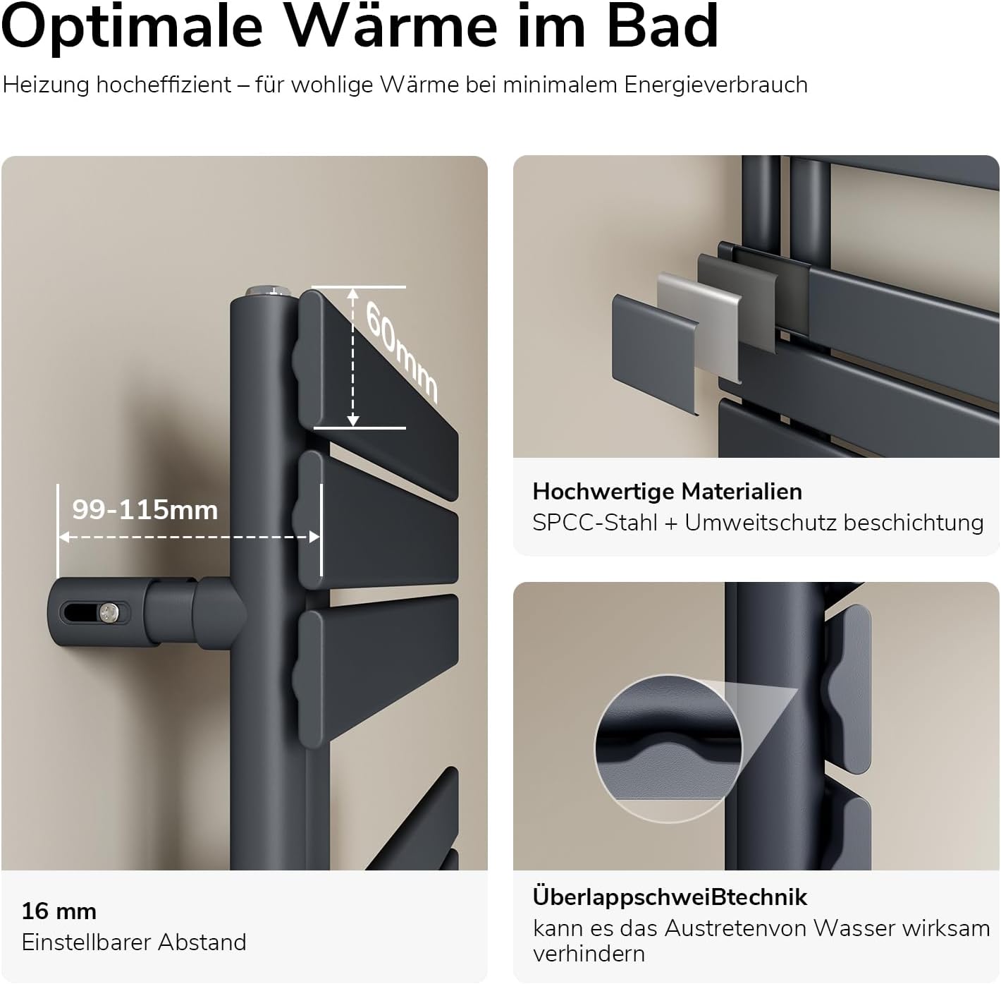 EMKE WiFi Badheizkörper Elektrisch 1320x600 mm - Flach Handtuchheizkörper Elektrisch, Elektrischer Handtuchwärmer Handtuchtrockner Handtuch Heizkörper Bad mit Thermostat und Heizstab - 800W, Anthrazit