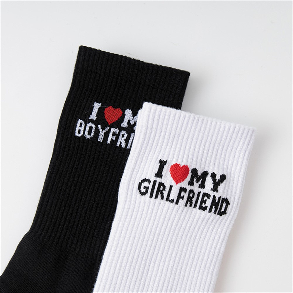 (1 Paar) Baumwoll Socken Valentinstag Fashion Strümpfe für Pärchen (One Size) - I Love My Girlfriend / Weiss