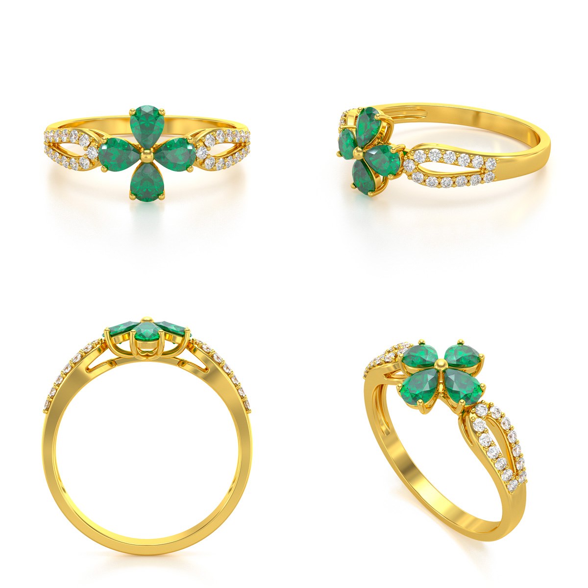 Bague ADEN Or 585 Jaune Fleur Emeraude et diamants 1.95grs