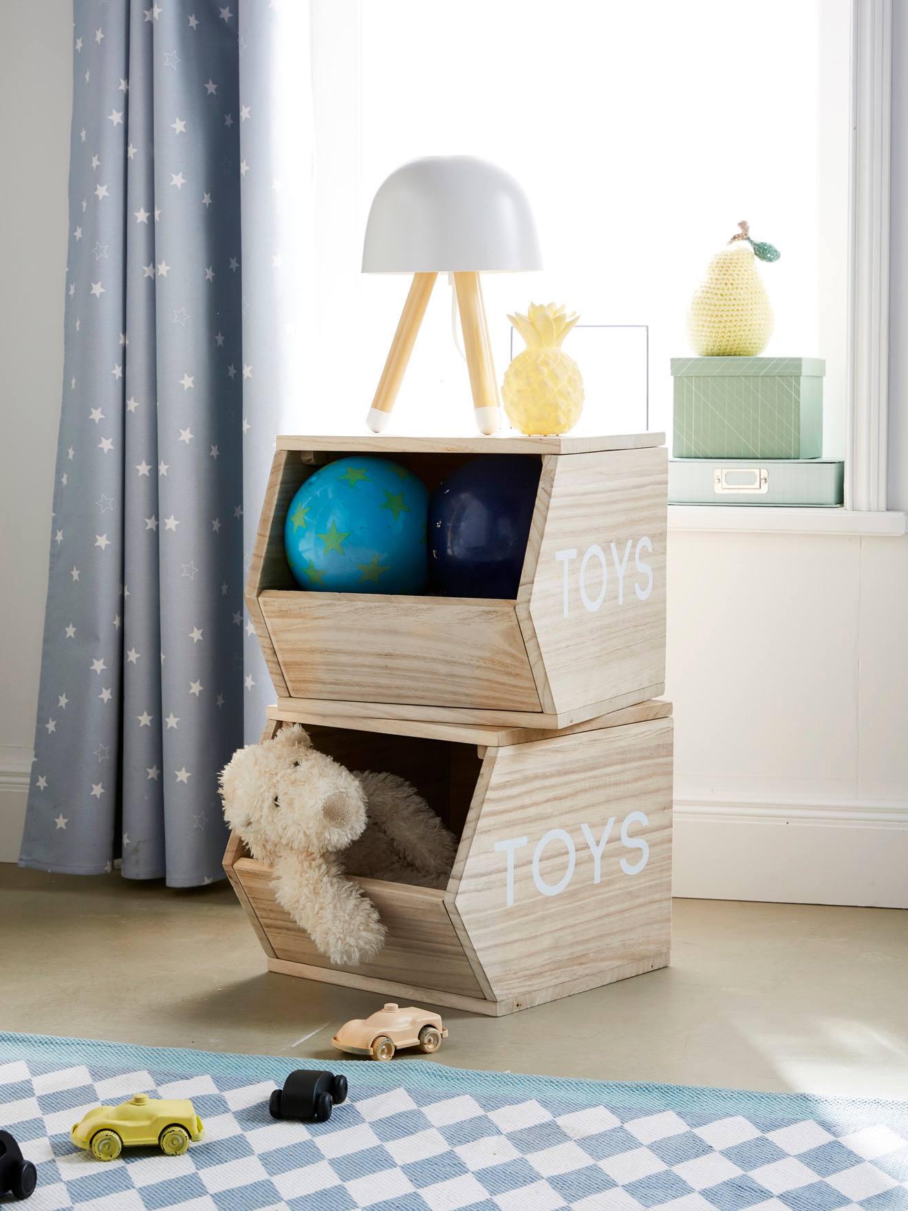 Cubo organizador de brinquedos, bege claro, liso com detalhes estampados.