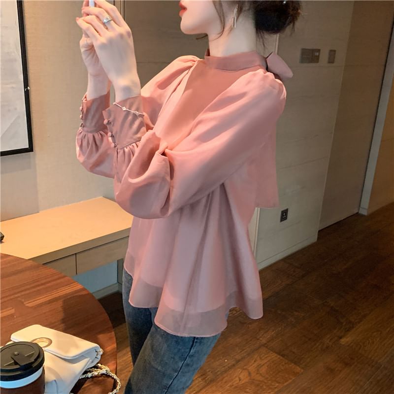 Lewwe - Chiffon blouse met pofmouwen en strikhals