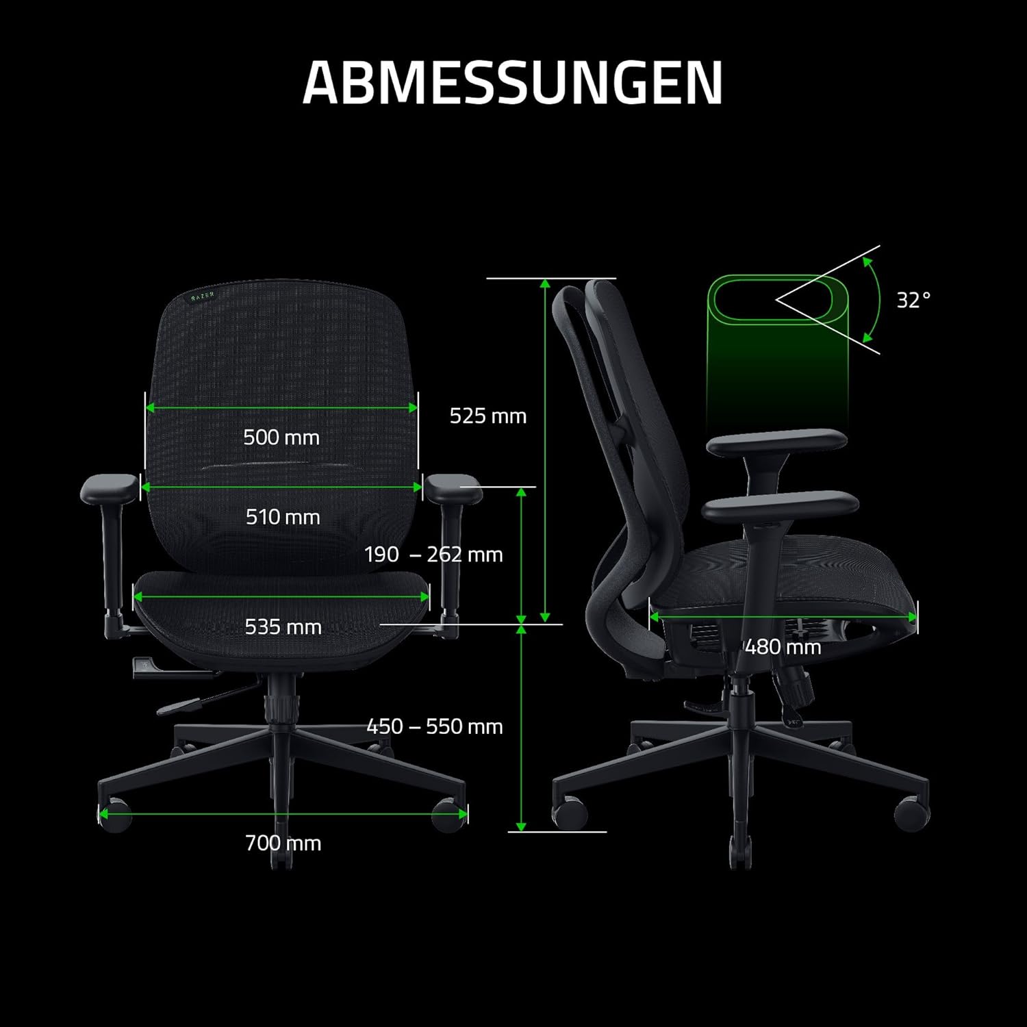 Razer Fujin - Gaming-Stuhl mit ultra atmungsaktivem Mesh (Synchro-Tilt-Technologie mit 130° Neigung, Höhenverstellbare Lordosenstütze, Gepolsterte 3-D-Armlehnen, Gestell mit hoher Sitzhöhe) Schwarz