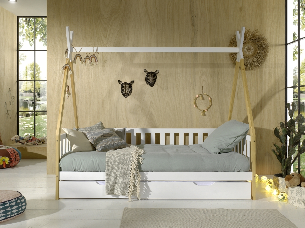 Tipi-Zelt-Bett - weiß-Kiefer - Schublade - Rolllattenrost - 90x200 cm