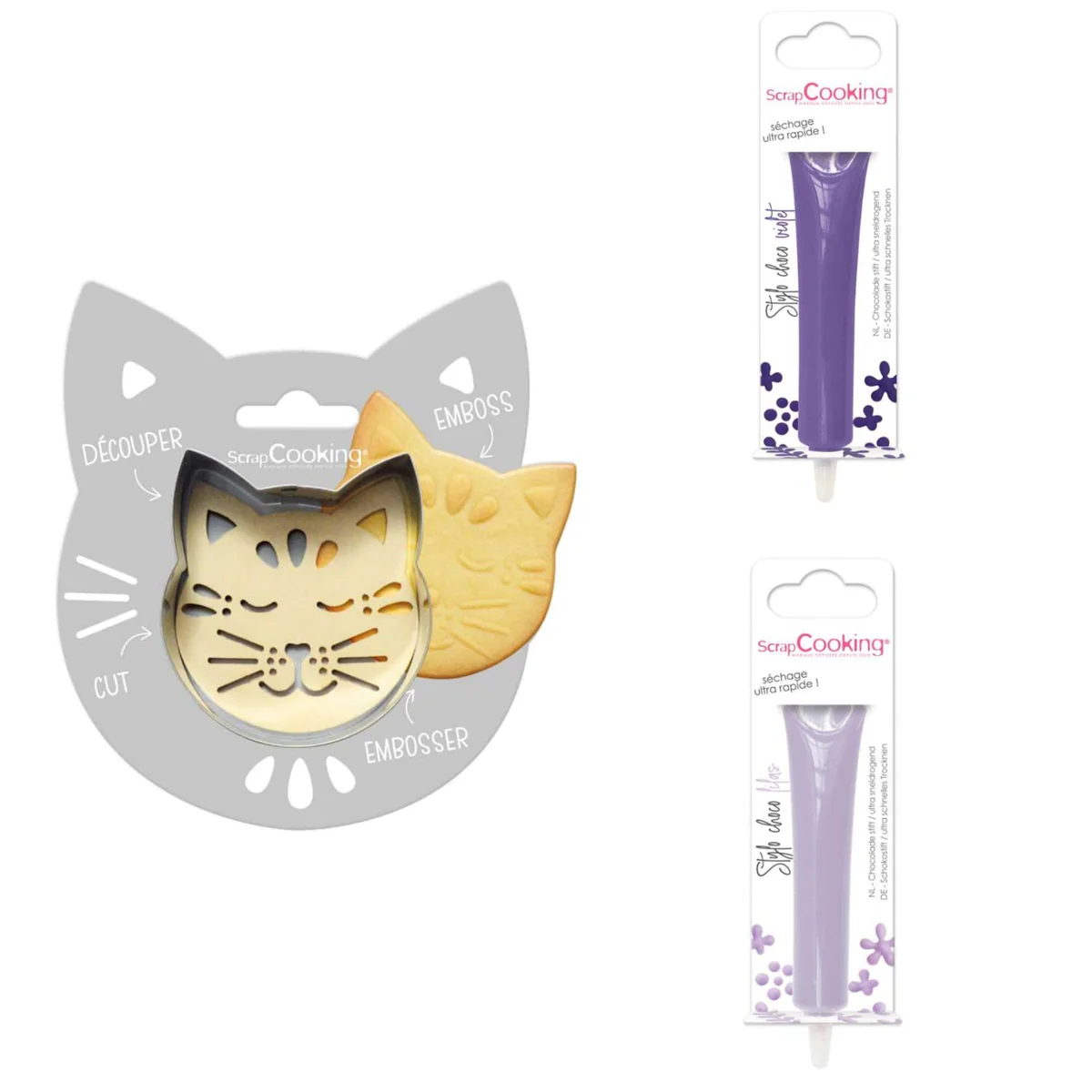Kit pour biscuit en relief Chat + 2 Stylos au chocolat violet et lilas