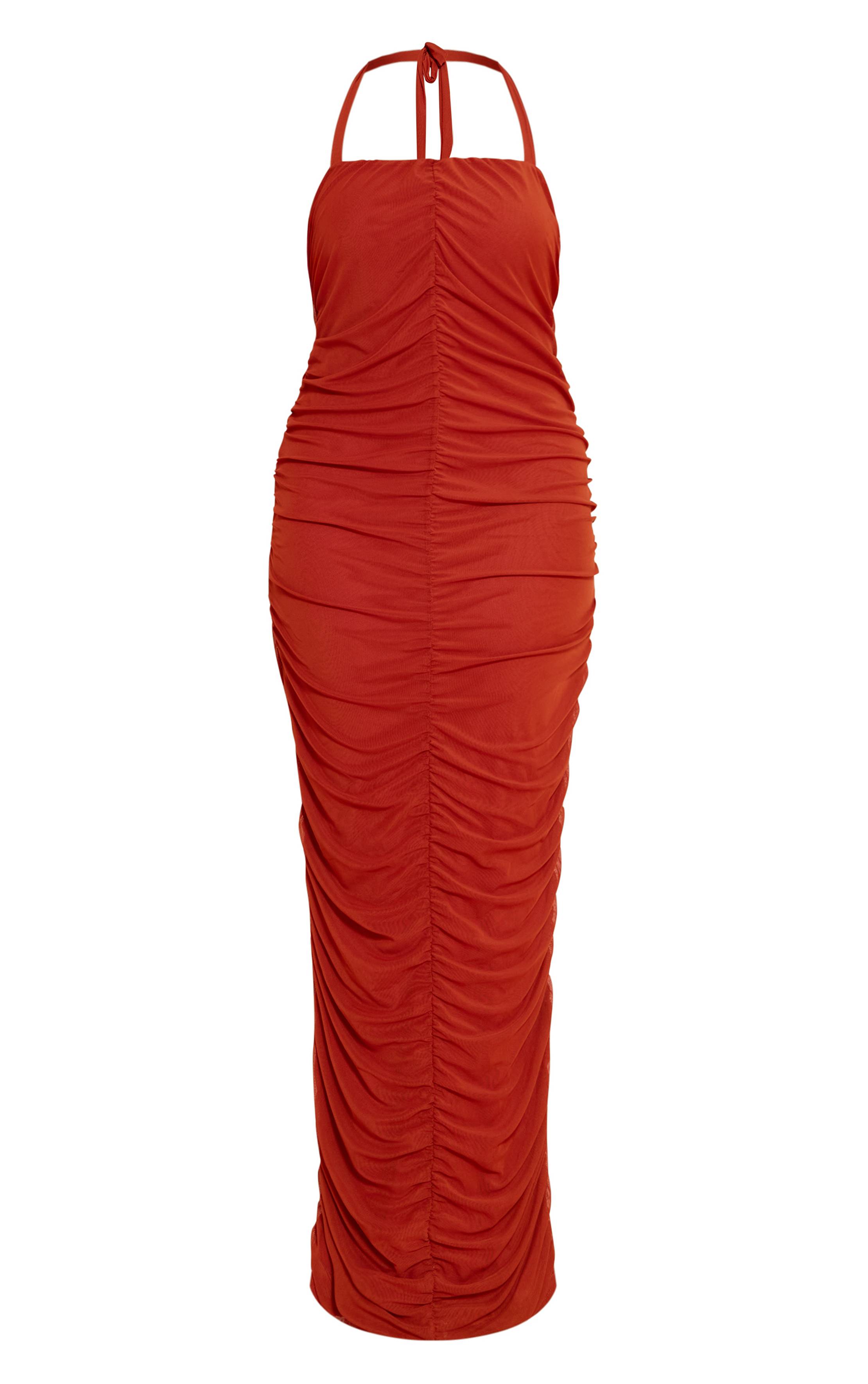 Rouille Robe Maxi Froncée En Mesh À Col Licou Shape
