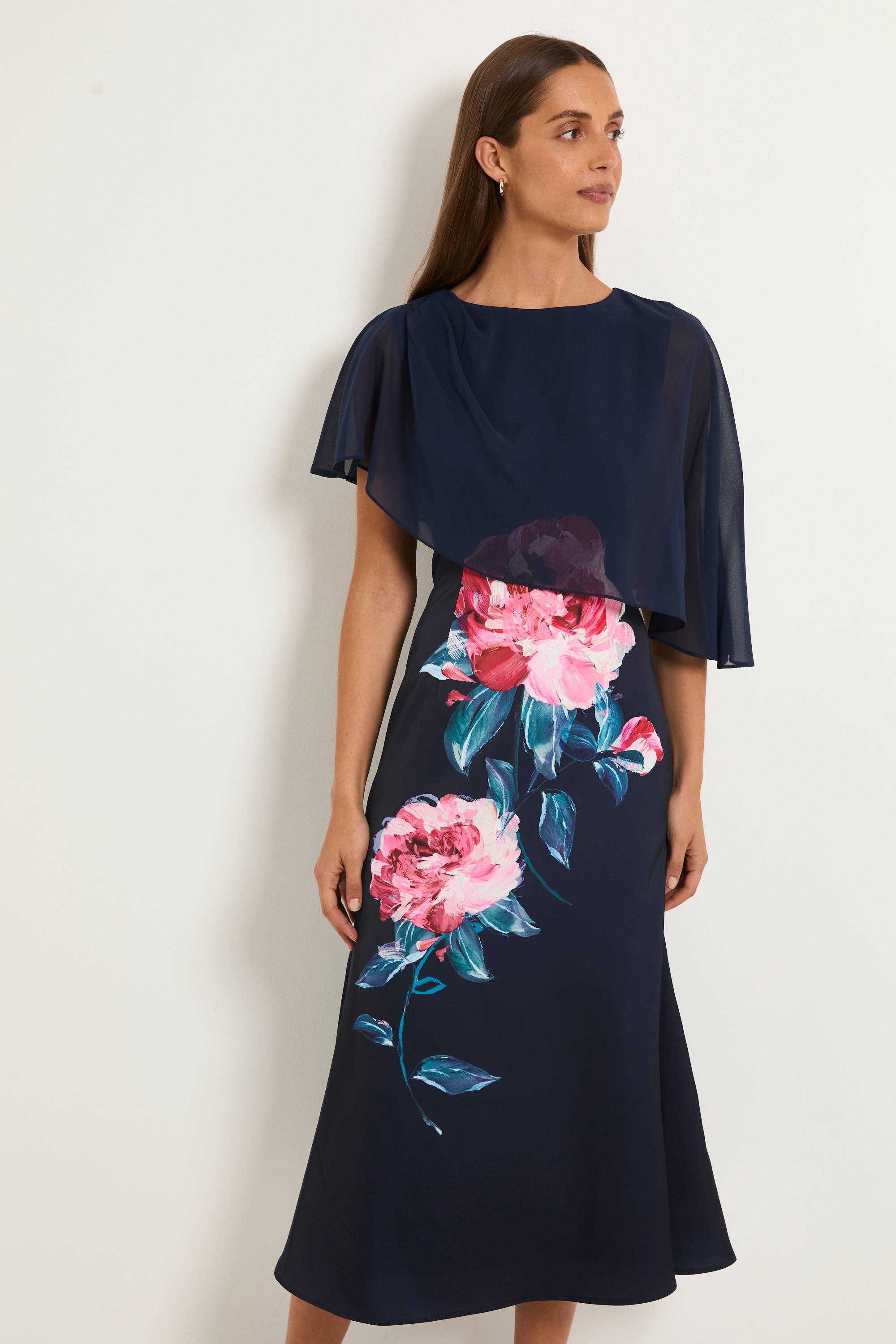 Wallis Robe Midi À Détail Cape Floral