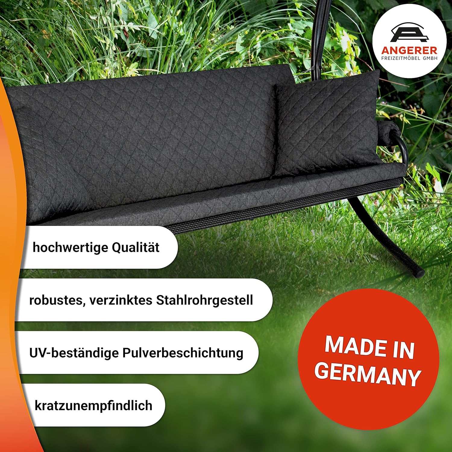 Angerer Hollywoodschaukel Elegance Joy – Schaukel zum Sitzen, Liegen & Entspannen, inkl. Bett-Funktion, einfache Montage, Made in Germany, hochwertiger Stoff, Dunkelgrau