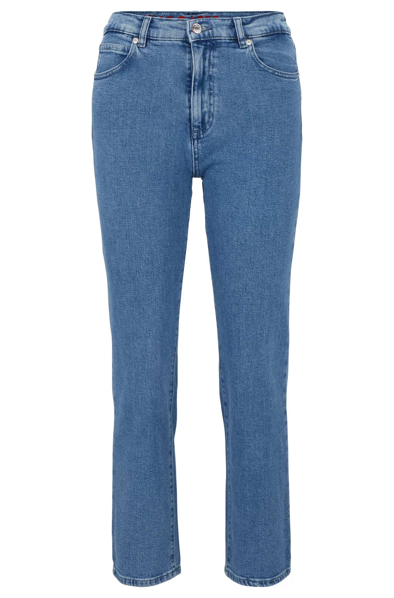 Calça jeans HUGO vermelha, corte regular, cintura alta, em denim elástico.