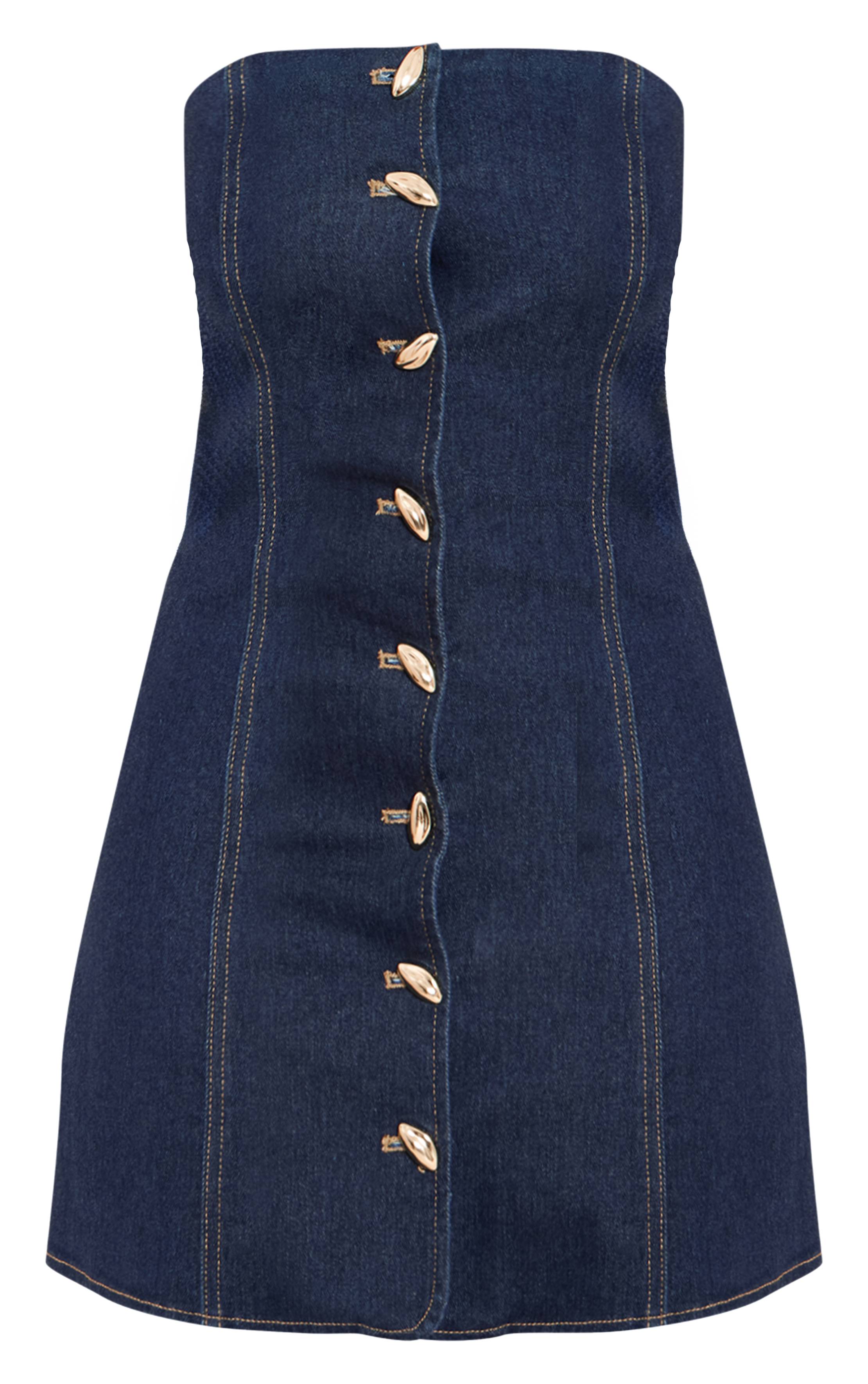 Bleu Indigo Robe Mini Bandeau En Denim Stretch Ajusté Avec Boutons Dorés