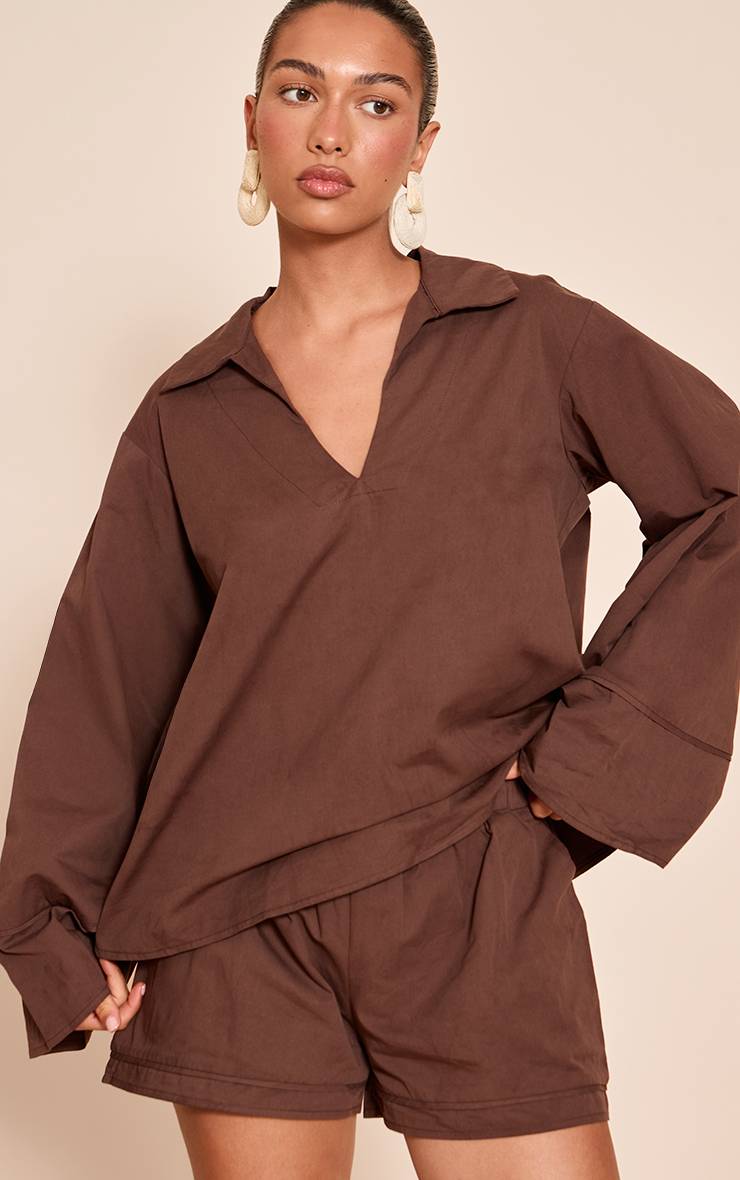 Chocolat Ensemble Short Fluide En Coton Tissé Avec Détails Plissés