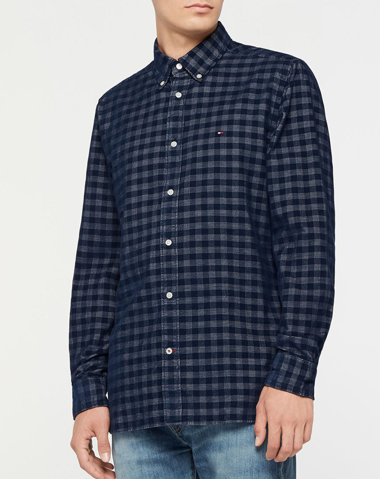 Tommy Hilfiger Chemise Regular 100% Coton Bio Velours Corduroy Gingham à carreaux bleu/gris