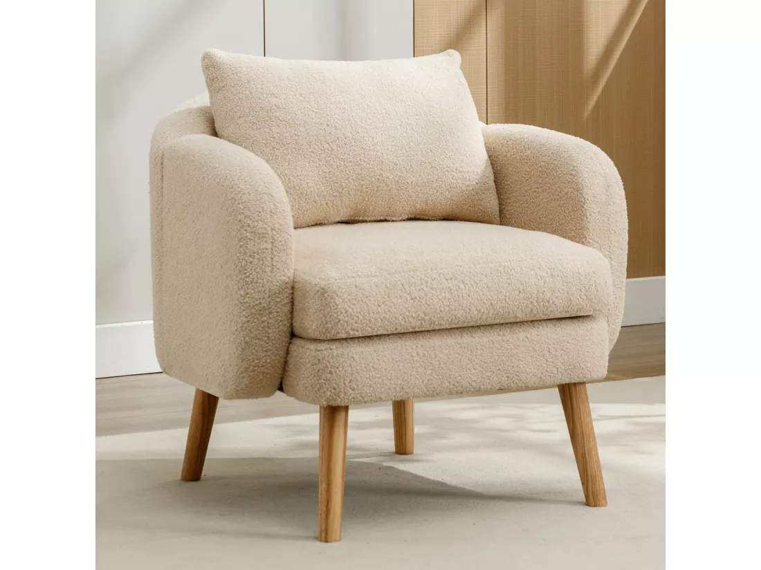 Fauteuil en tissu teddy avec coussin - pieds en bois massif - beige