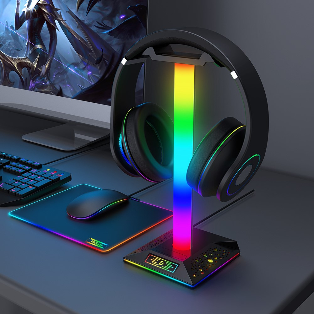 Gaming Kopfhörer Halterung Ständer für Over-Ear Headset mit USB C / 2x USB A Anschluss   RGB Beleuchtung - Rosa