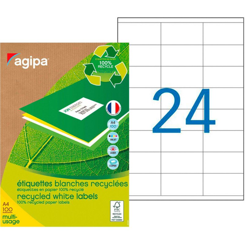 Etiquette adresse jet d'encre et laser recyclée 70 x 35 mm Agipa 101186 blanche - Boîte de 2400