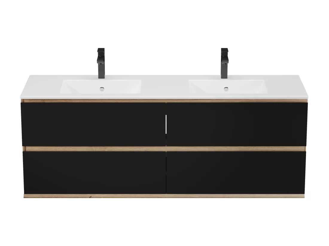 Meuble de salle de bain suspendu avec vasque à encastrer - Coloris naturel clair et noir - 150 cm - SABURI