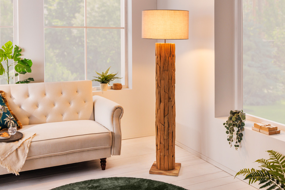 Design Stehlampe ROOTS 160cm Treibholz Leinenschirm grau handmade