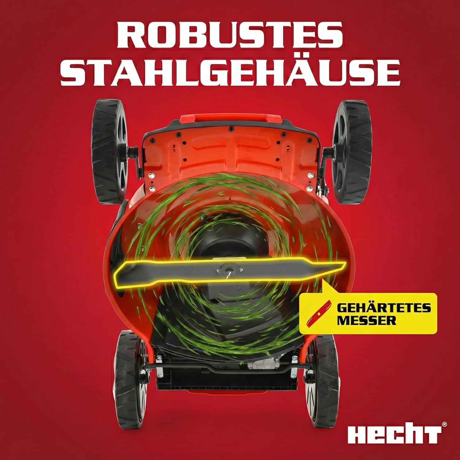 HECHT 5-IN-1 Benzin Rasenmäher – leistungsstarker 4 Takt Motor 4,0 kW (5,5 PS) – Elektrostart – 51 cm Schnittbreite – 65 l Fangkorb – Radantrieb – patentierte Räder – Mulchmäher Rasenmäher