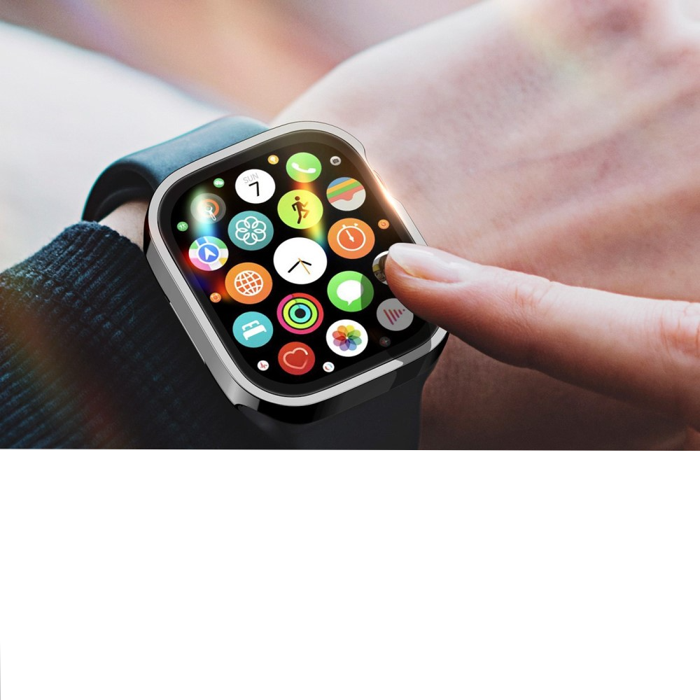 Apple Watch (45mm) Hardcase Bumper Hülle mit Galvanisiertem Rahmen   Display Schutzglas - Schwarz