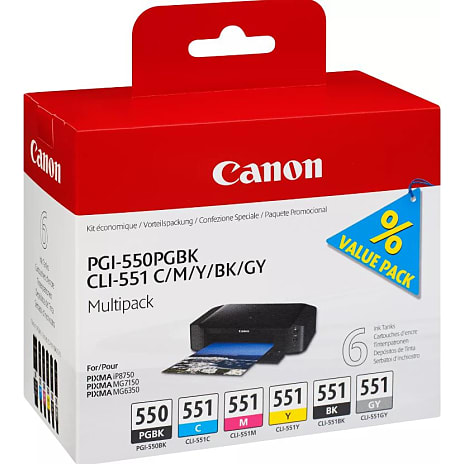 Canon PGI-550/CLI-551 PGBK/C/M/Y/BK/GY blækpatroner - sort/farve