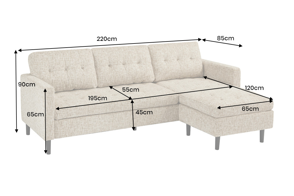 Modernes Ecksofa STOCKHOLM 220cm beige cozy Veloursstrickstoff Federkern 3-Sitzer-Sofa