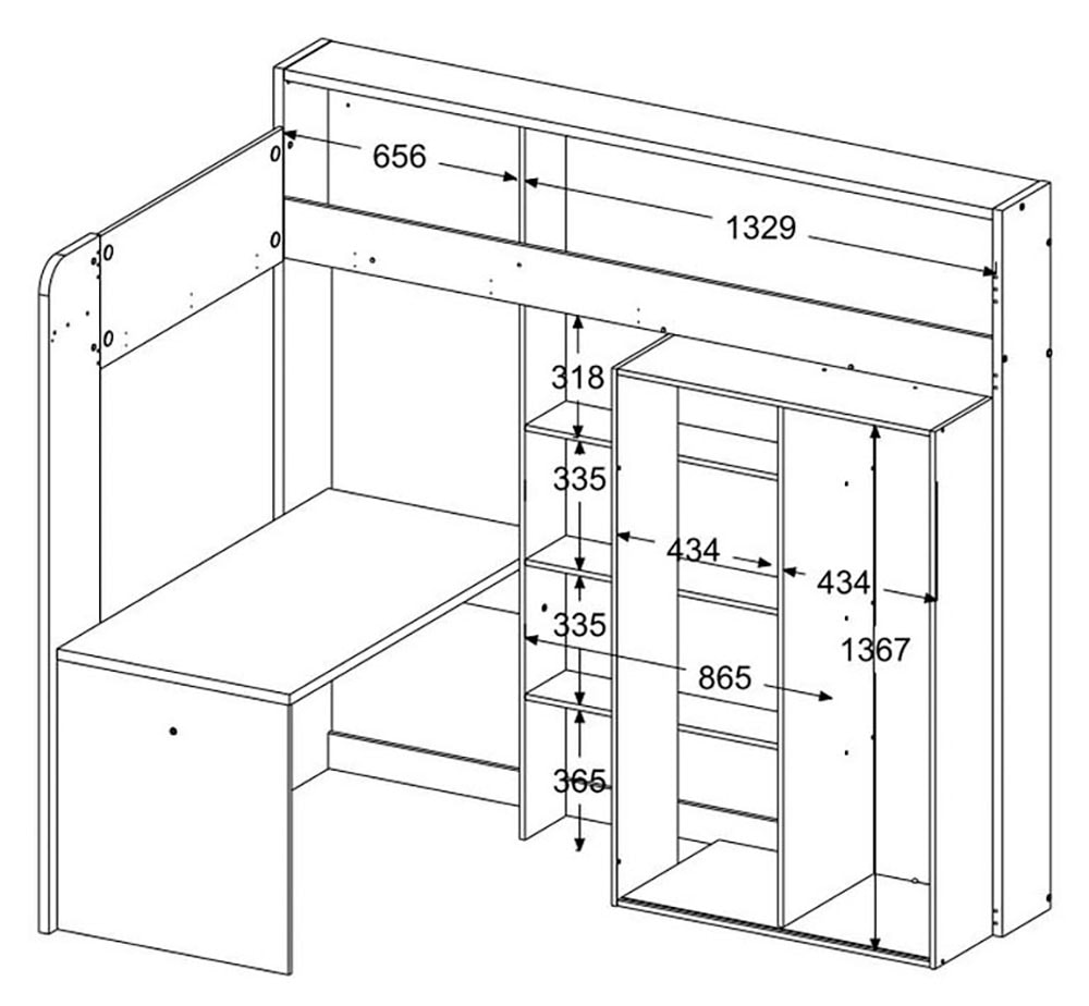 Parisot Hochbett »Higher, mit Schreibtisch, Schiebetürenschrank, Regale oben und unten« Liegefläche 90x200cm,Masse (B/H/T: 206/189/138 cm), Betthöhe ca. 140 cm,  maximaler Stauraum, breite Trittstufen, toll für kleine Räume!