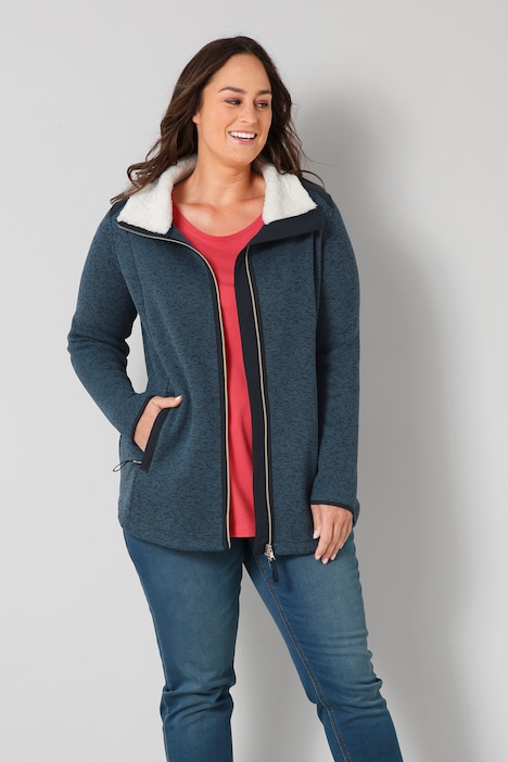 Strickfleece-Jacke, Stehkragen mit Plüschfutter, 2-Wege-Zipper, Langarm