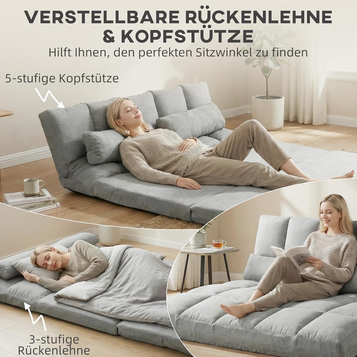 HOMCOM Bodensofa Schlafsofa Bodensofa mit 3-stufig verstellbar Rückenlehne, 5-stufig verstellbar Kopfstütze, Klappsessel Sofabett Hellgrau 130 x 73 x 60 cm