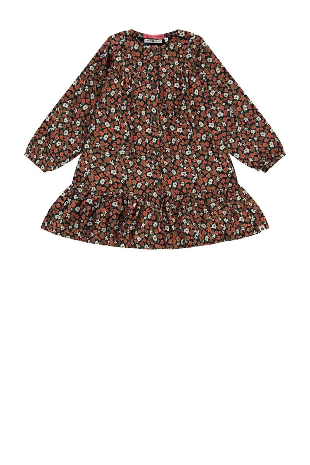 Stains&Stories gebloemde jurk bruin/wit/groen