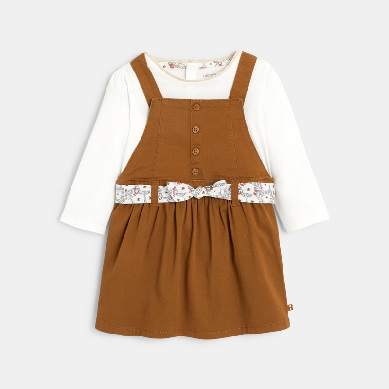 Robe pointelle à bretelles et tee-shirt marron bébé fille