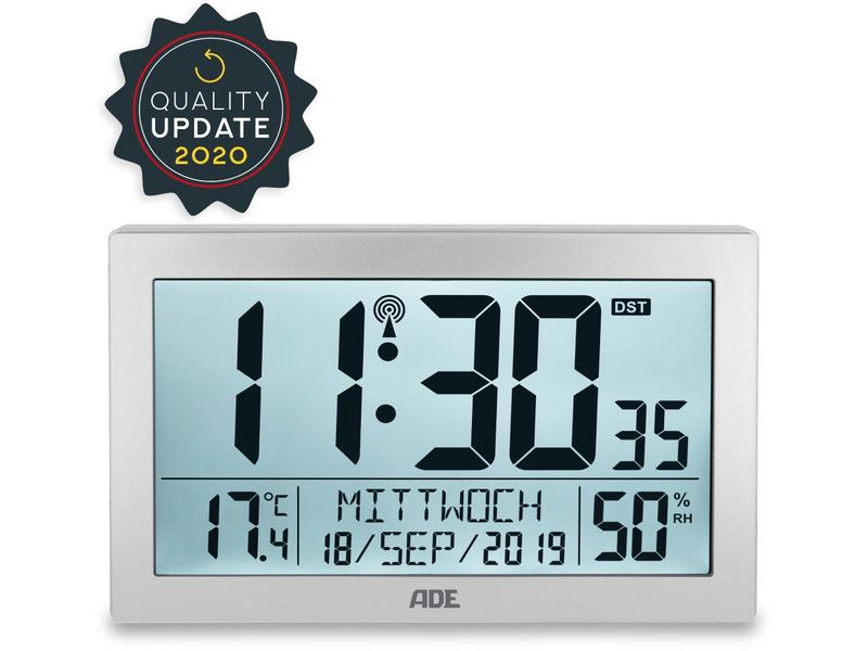 ADE Funk-Wanduhr XL, Silber Wecker mit digitaler Anzeige