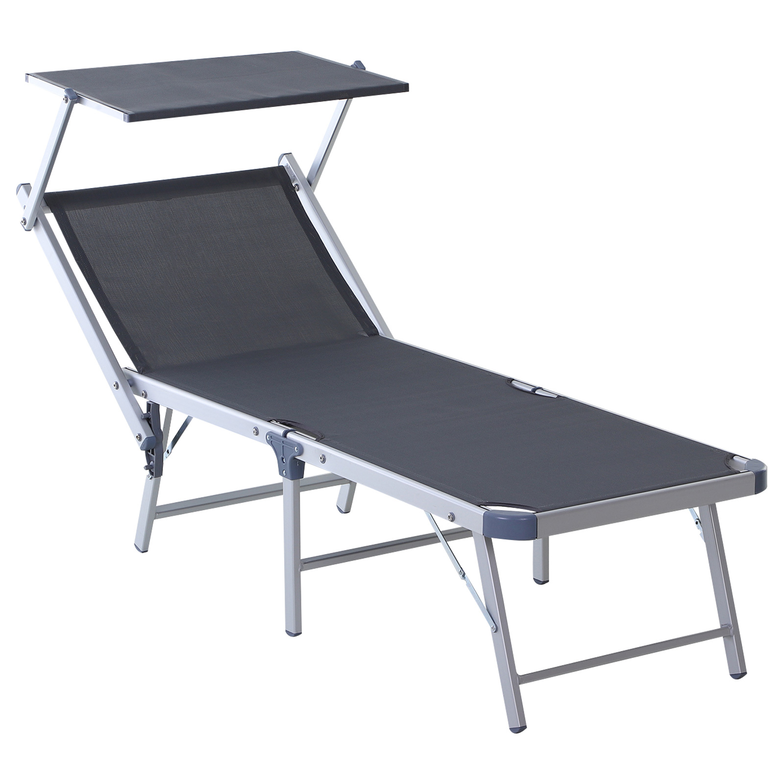 Espreguiçadeira dobrável e reclinável Outsunny em alumínio com cobertura integrada para piscina, jardim, pátio e uso externo, capacidade de carga de 120 kg, 169 x 72 x 50/70 cm, cinza.