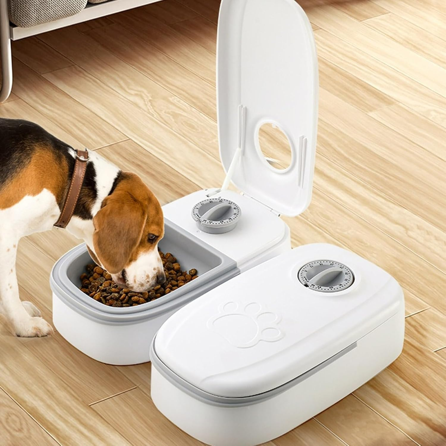 (700ml) Automatische Haustier Futterstation Wasser Spender Futterautomat mit 48 Stunden Zeitschaltuhr für Hunde / Katzen - Weiss / Grau